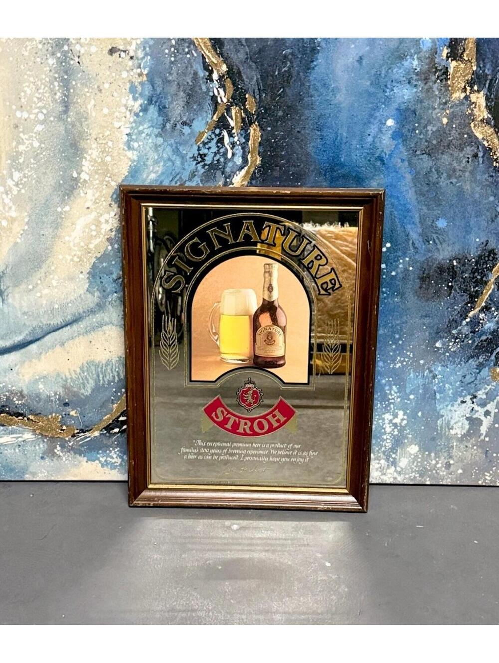 Signature Stroh’s Beer Mirror Vintage Bar, RARE Man Cave Wood Frame